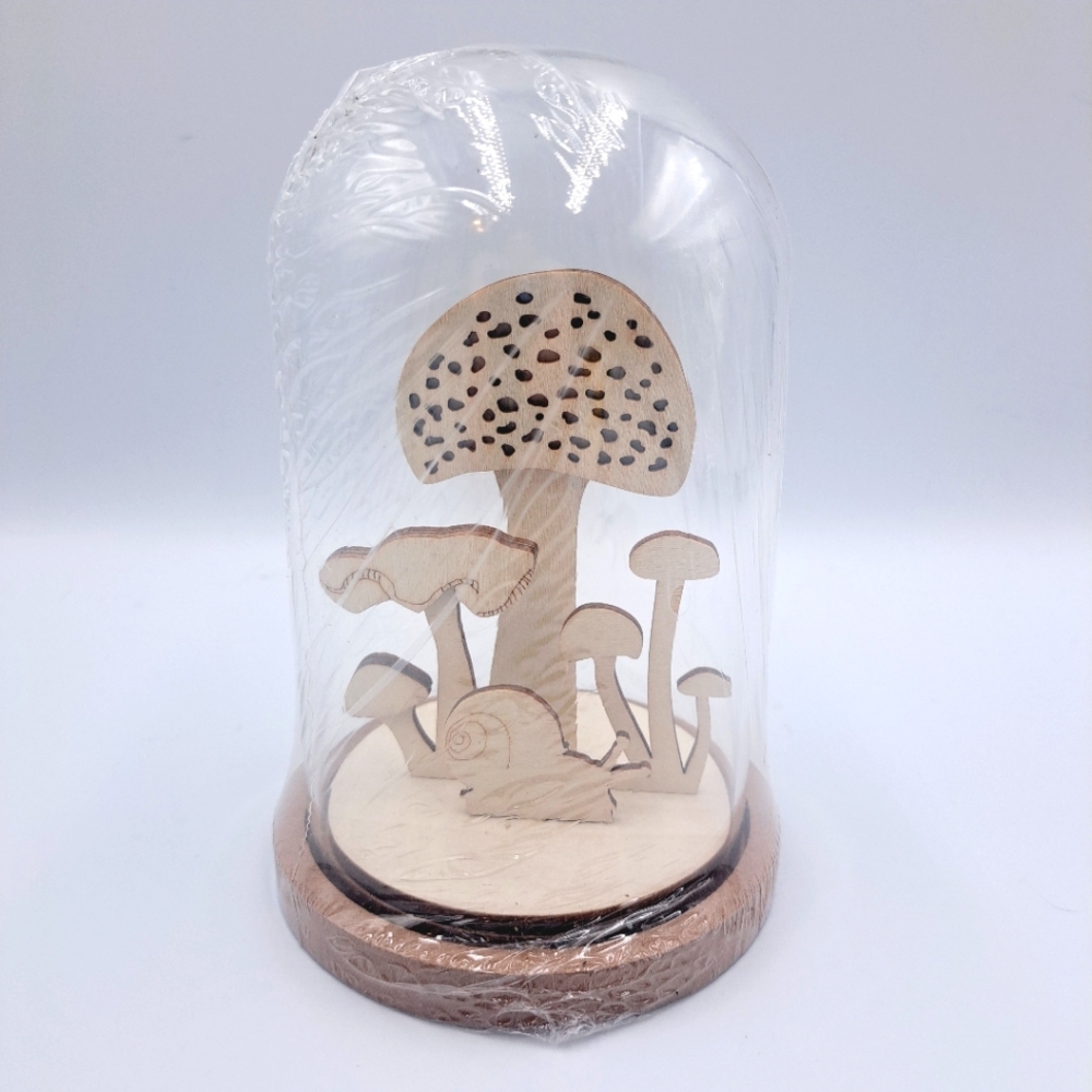 Paintable Wooden Mushrooms With Snail Scene With Glass Dome